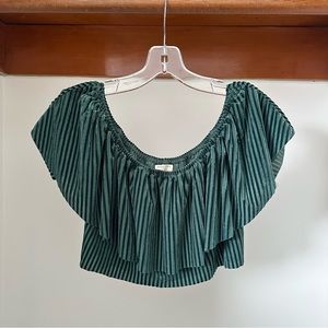 The latest scoop cropped off the shoulder green & célèbre striped top